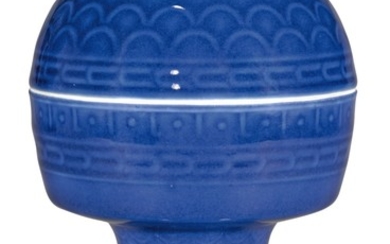 A BLUE-GLAZED RITUAL VESSEL AND COVER, DOU DAOGUANG SEAL MARKS AND PERIOD | 清道光 藍釉仿古紋豆 《大清道光年製》款