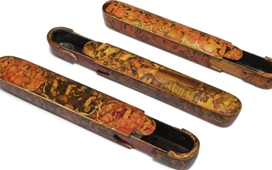 THREE QAJAR LACQUER PEN BOXES, PERSIA, 19TH CENTURY, ONE SIGNED BY 'YA SHAH NAJAF' AND DATED 1273 AH/1856 AD, ANOTHER SIGNED 'RAFI’ AL-HUSAYNI’
