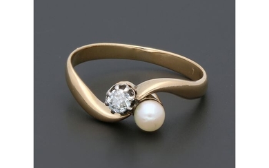 18 kt. Bicolour, Gold - Ring - 0.13 ct Diamond - Pearl
