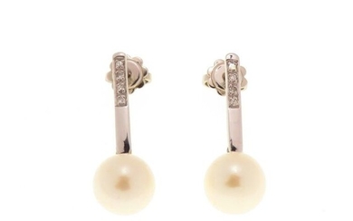 18 kt. White gold - Earrings - 0.08 ct Diamonds - Pearls