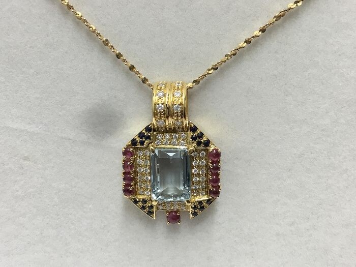 18 kt. Yellow gold - Necklace with pendant acqumarina - Diamonds, Rubys