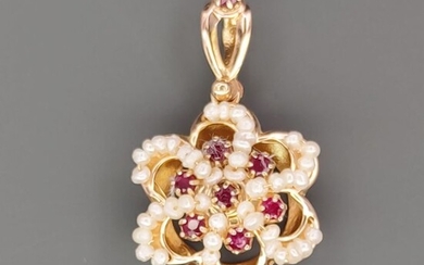 18 kt. Yellow gold - Pendant - 0.35 ct Rubies - Pearls, 1 mm