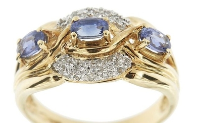 18 kt. Yellow gold - Ring - 0.90 ct Sapphire - Diamonds