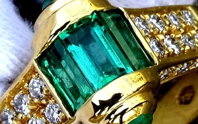 18 kt. Yellow gold - Ring Emerald - Neon Green - Diamonds - No Reserve