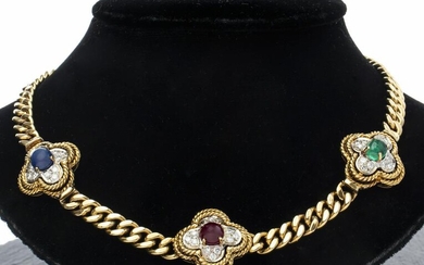 18K Gold Diamond, Ruby, Sapphire, Emerald Necklace