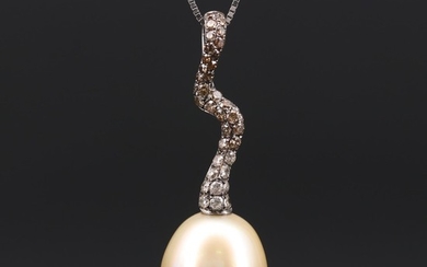 18K White Gold Pearl and Diamond Pendant on 14K Box Chain Necklace