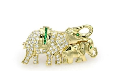 18K Yellow Gold Diamond & Emerald Elephant Brooch / Pin