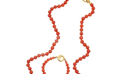18kt yellow gold and red coral necklace and bracelet
