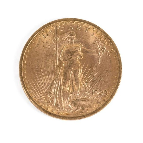 1908 US $20 SAINT-GAUDENS GOLD COIN, NO MOTTO