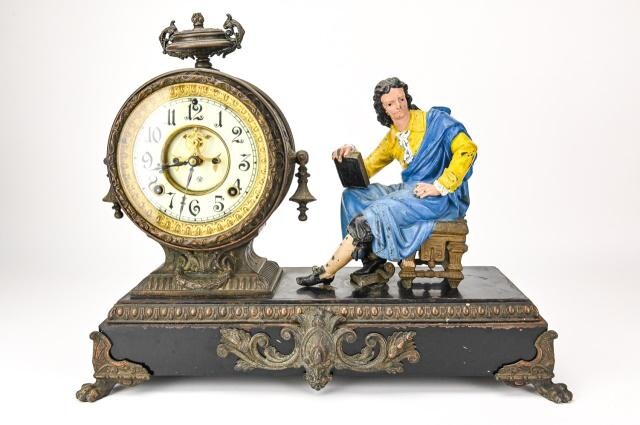 19th C Ansonia Bronze Figural Mantel Clock