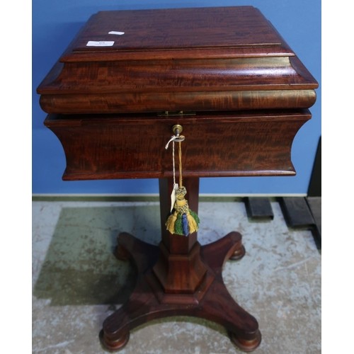 19th C mahogany teapoy on octagonal column and four turned s...