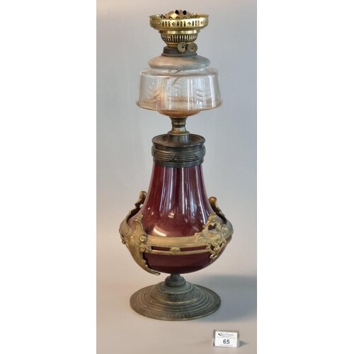 19th Century brass double burner oil lamp with cut glass res...