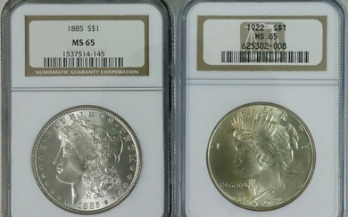 (2) MS65 GRADED US SILVER DOLLAR COINS