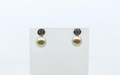 2 earrings in 18 ct white gold set with 2 brilliants +/- 0.48 ct and 2 Akoya pearls (9 mm) - 3.9 g raw