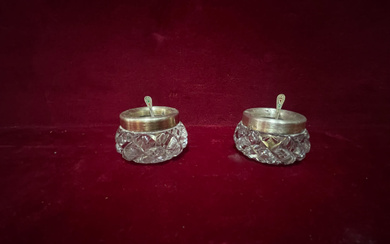 2 salt bowls with spoons crystal and silver Russia...