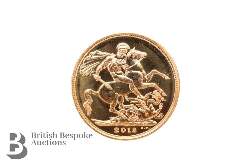 2013 Queen Elizabeth II gold full sovereign, IRB to neck, uncirculated mint condition, approx. 8gms.