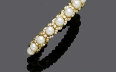 TWO PEARL AND DIAMOND GOLD BANGLES, BY ADLER.