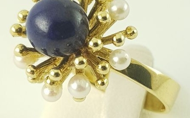 15 kt. Yellow gold - Lapis Lazuli Ring - 585 Yellow Gold - Cultured Pearls Lapis lazuli - Pearls