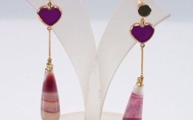 18 kt. Yellow gold - Earrings Musk agate - Diamonds, Purple Chalcedony