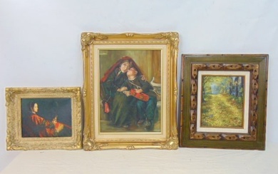 3 paintings, giclees reproductions, boy and girl with tambourine; Asian woman with opium pipe &