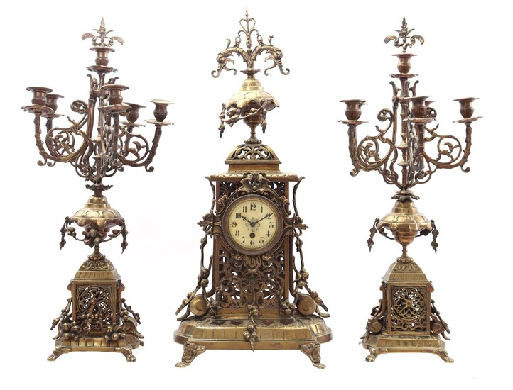(-), 3-piece richly decorated brass clock set, France...