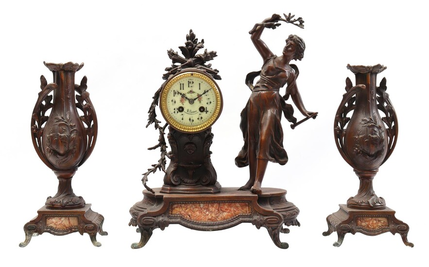 (-), 3-piece zamak clock set in Louis XV...