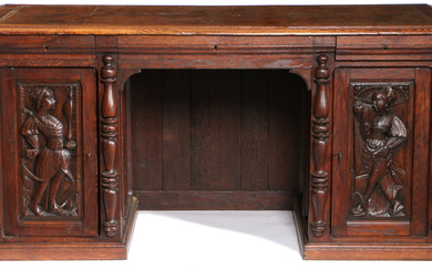 3304065. A 19TH CENTURY OAK PEDESTAL DESK, INCORPORATING EARLY 16TH CENTURY PANELS.