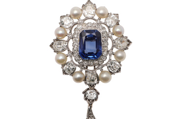 3314765. A SAPPHIRE AND NATURAL PEARL PENDANT, CONVERTING INTO A BRACELET AND A BROOCH.