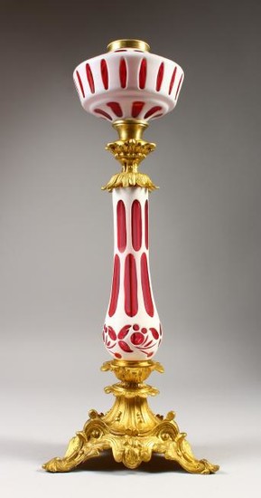 A GOOD 19TH CENTURY FRENCH ORMOLU AND PINK OVERLAY OIL