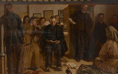 Knud SINDING Aarhus, 1875 - Copenhague, 1946 Compagnie dans un intérieur en train d'étudier la Bible