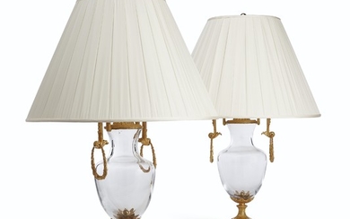 A PAIR OF FRENCH ORMOLU AND GLASS TABLE LAMPS, 20TH CENTURY