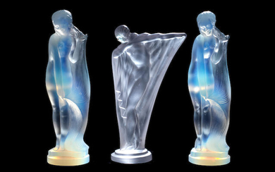 Two Art Deco 'Nu Longs Cheveux' mascots in opalescent glass by Lucile Sevin for Etling of Paris, circa 1932, ((3))
