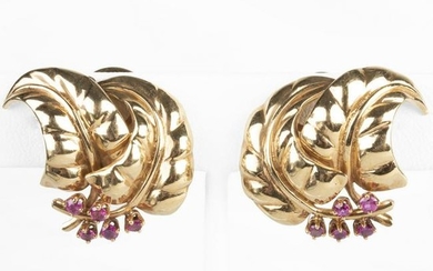 14k Gold and Ruby Leaf Form Earclips