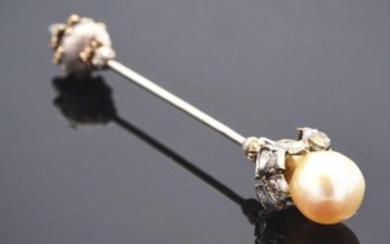 18K Gold Buccellati Pearl & Diamond Pin with GIA