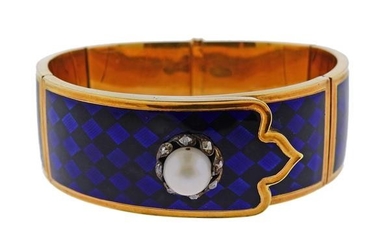 Antique 18k Gold Pearl Diamond Enamel Bracelet