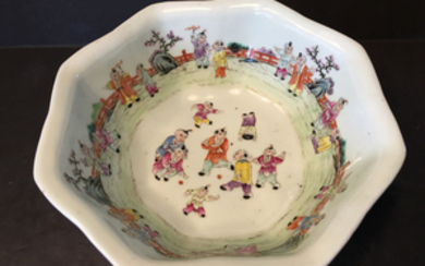 ANTIQUE Large Chinese Famille Rose Bowl with Children, marked. Late 19th Century