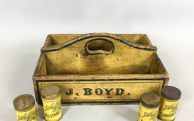 Carved and Yellow-painted Pine "J. Boyd" Carrier and Four A&P Spice Tins