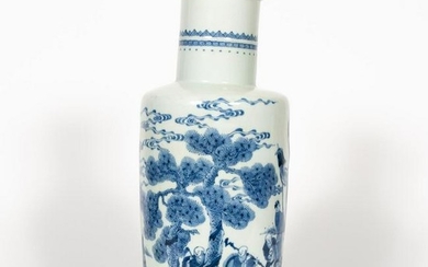 Chinese Blue & White Landscape Motif Rouleau Vase