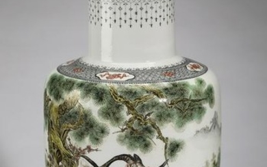 Chinese famille rose rouleau vase, signed, Wang Yijun