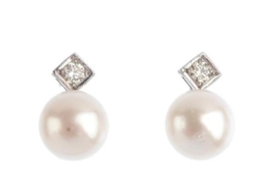 A pair of cultured pearl and diamond earrings. Each