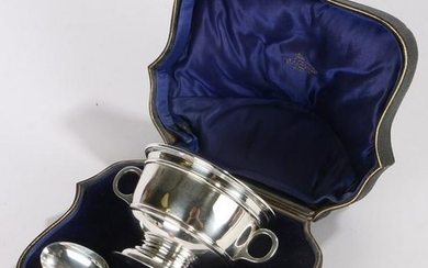 Edward VII silver twin handled bowl and spoon, London