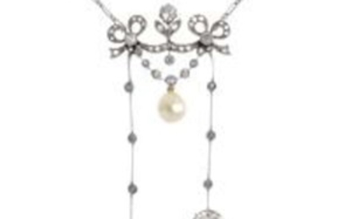 An Edwardian Belle Epoque platinum, natural pearl and diamond negligee pendant. View more details