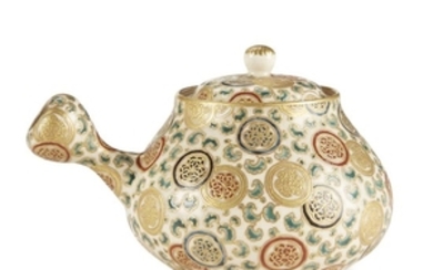 An enameled Satsuma-type teapot and cover, decorated with medallions,...