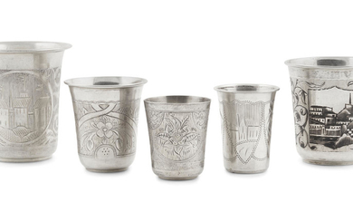 Five Russian etched silver cups