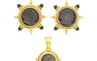 Pair of Gold, Brown Glass Intaglio and Black Onyx Earrings and Gold and Silver Coin Pendant, Elizabeth Locke