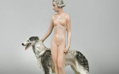 A Joesef Schuster model of a female nude with a Borzoi