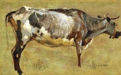 Johan Thomas Lundbye: Study of a cow. Signed with monogram and dated Kragerup 1844. Oil cardboard. 15 x 25 cm.