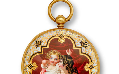 L's Tallibart à Genève. An enameled 18K gold hunter cased fob watch with portrait of the Calmady sisters after Sir Thomas Lawrence