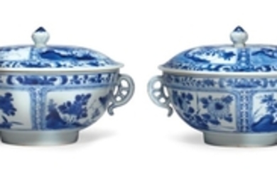 A LARGE PAIR OF BLUE AND WHITE ECUELLES AND COVERS, KANGXI PERIOD (1662-1722)