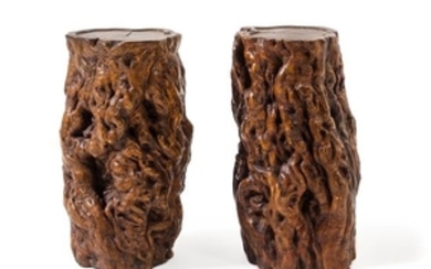 * A Pair of Large Chinese Burlwood Stools